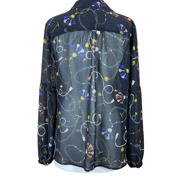 CABI Long Sleeve Button Front Victoria Status Print Semi Sheer Blouse LG - Picture 6 of 10